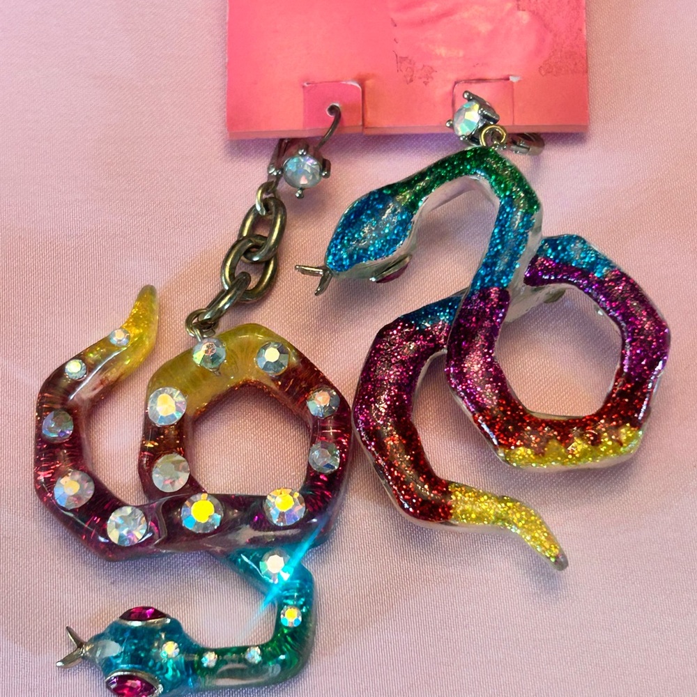 Betsey Johnson Multicolor Snake Earrings Rhinestone Vintage